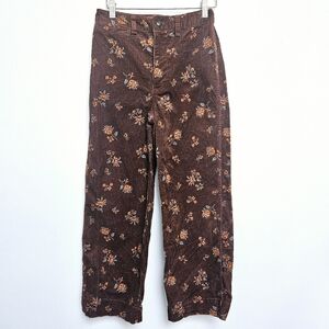 Madewell Slim Emmett Wide Leg Cropped Floral Corduroy Zipper Choco Pants Sz 24